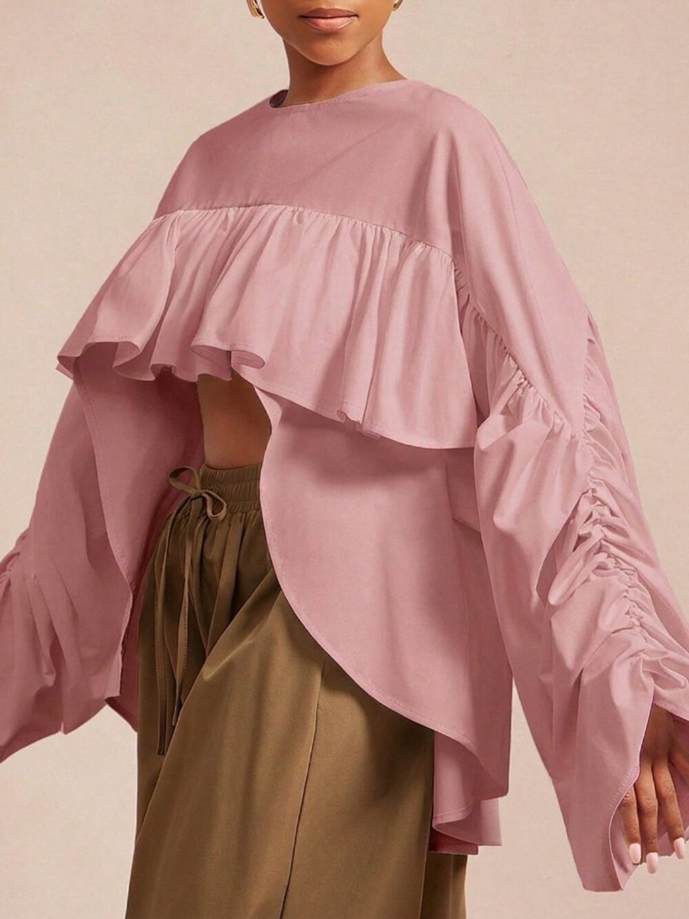 Dusty Pink Casual Women's Woven Ruched Hi Low Hem Ruffle Top, Bold Cropped Top - Picture 5 of 5